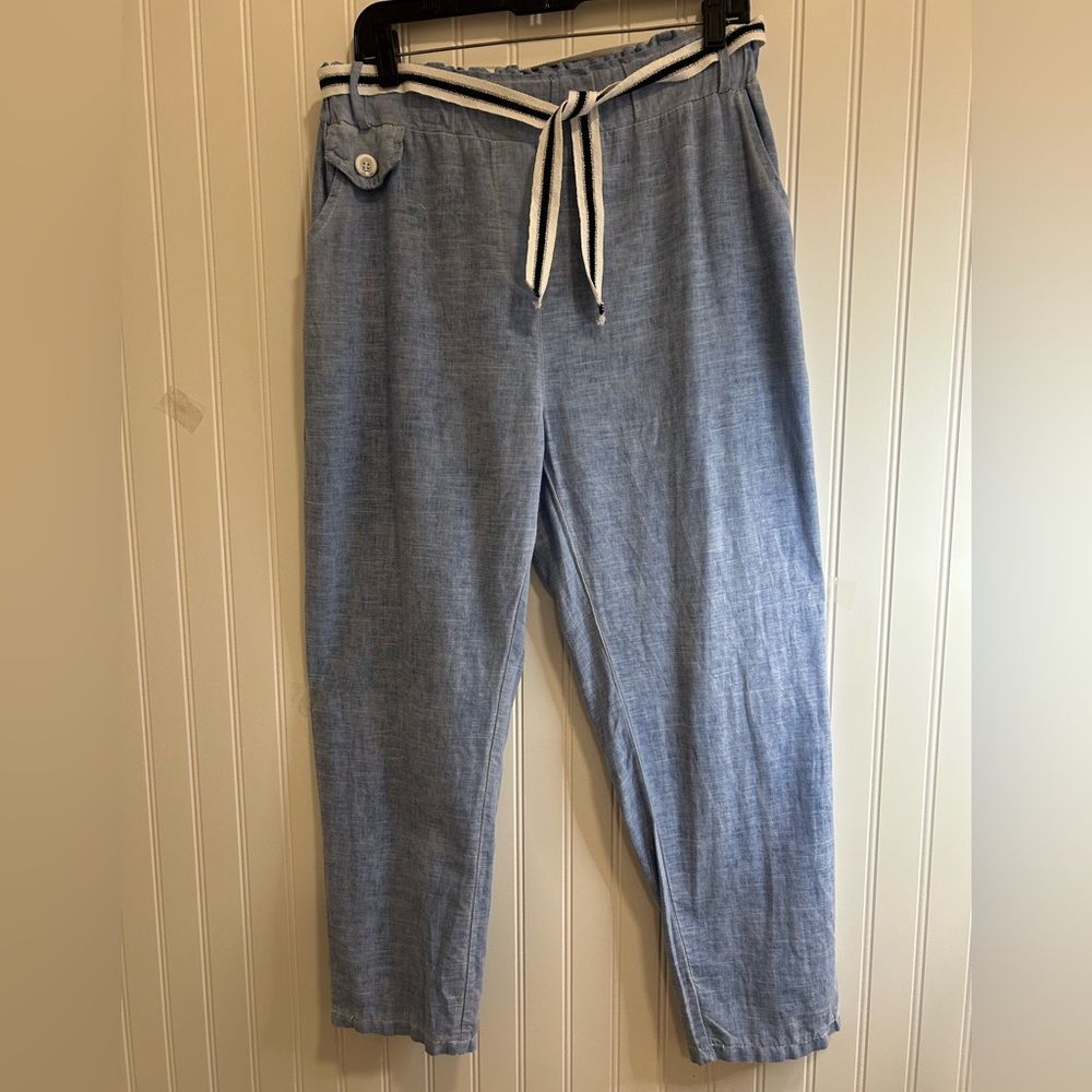 Tina Stephens pants Light Blue 50% Linen 50% cotton.